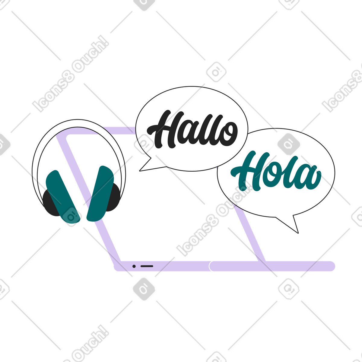 Laptop with greetings in different languages, Online language classes and education illustrazione stile Sammy Line scarica PNG, SVG
