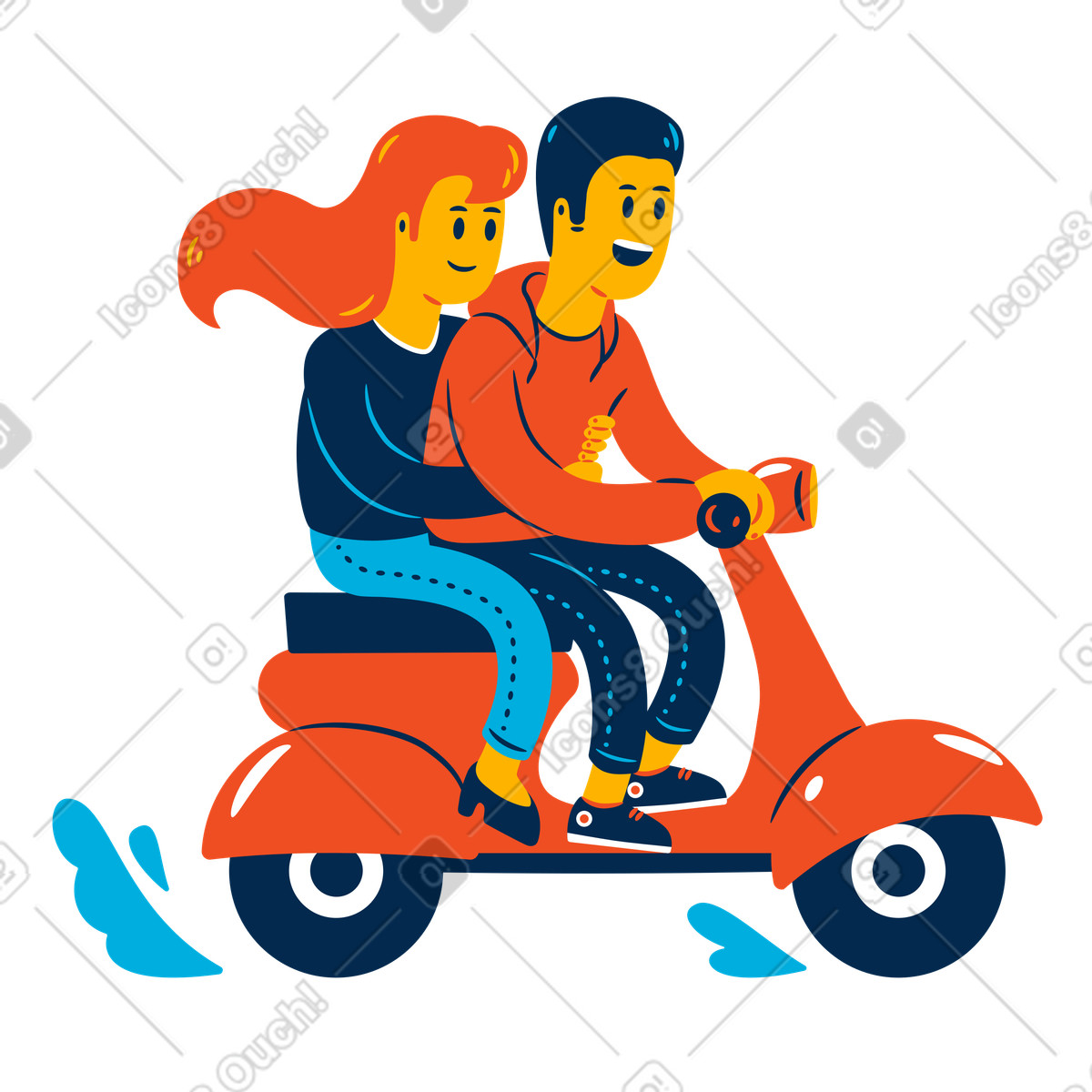 Mann fährt motorroller mit beifahrerin-Illustration im Flame-Stil als Download in PNG, SVG