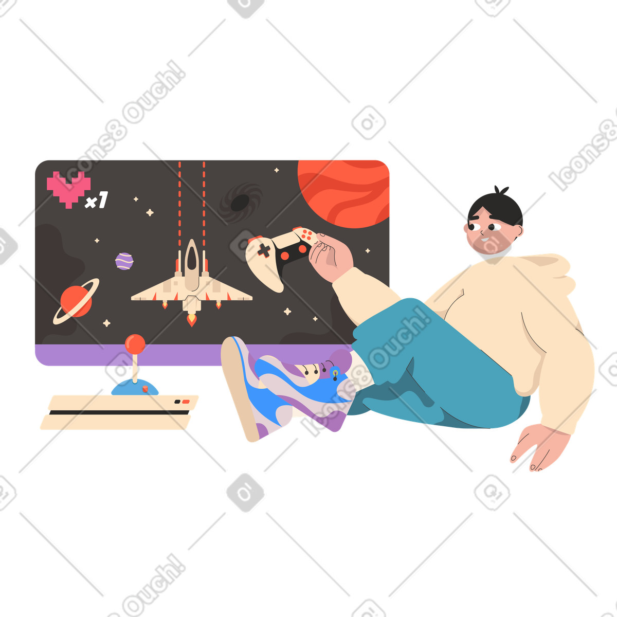 Ilustração de Homem jogando jogo computador sobre o espaço em no estilo Dizzy para baixar em PNG, SVG