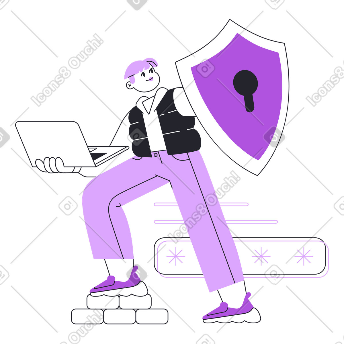 Ilustração de Homem com escudo protegendo dados no laptop em estilo Grapy para baixar em PNG, SVG