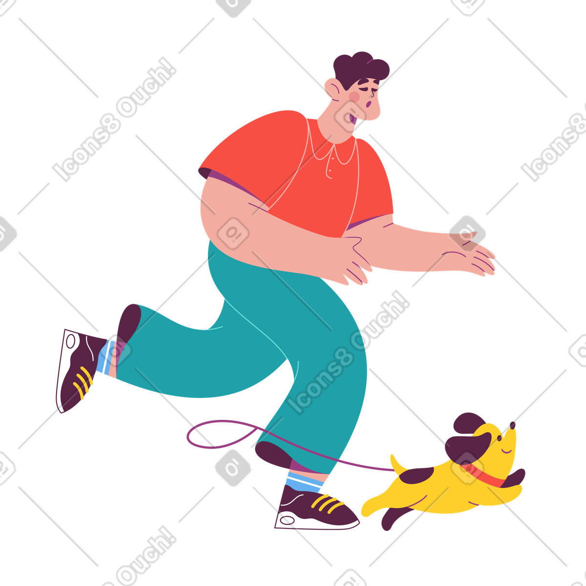 Person running after playful puppy, pet care and dog walking challenge illustration in Sammy style download in PNG, SVG