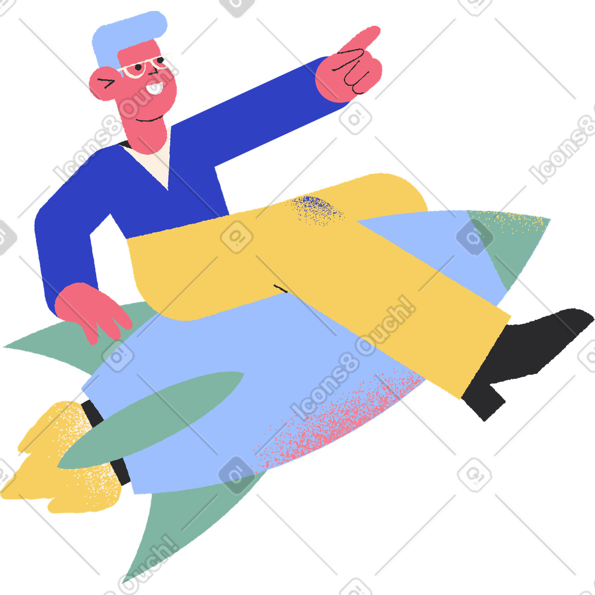 Man is sitting on a flying rocket illustration in Pablo style download in PNG, SVG