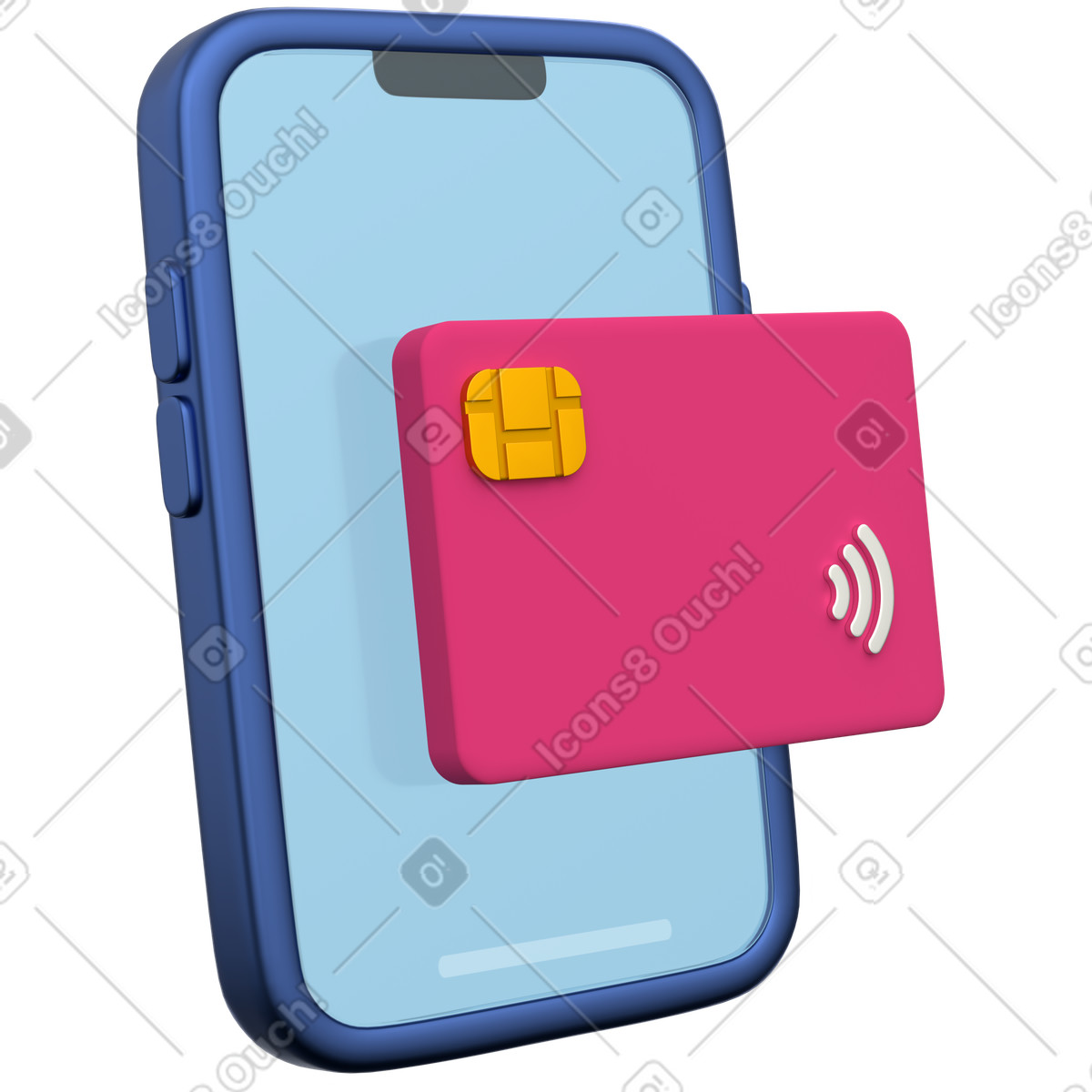 Smartphone with contactless credit card for mobile wallet payment illustration in 3D Grid style download in PNG, SVG