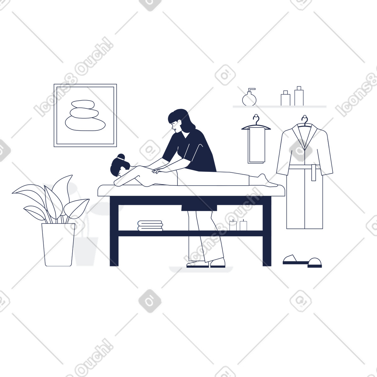 Body massage in tranquil spa setting, Stress relief and relaxation illustrazione stile Urban Line scarica PNG, SVG