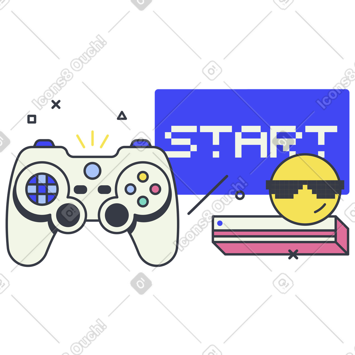 Video game controller and Start lettering illustration in Abstract style download in PNG, SVG