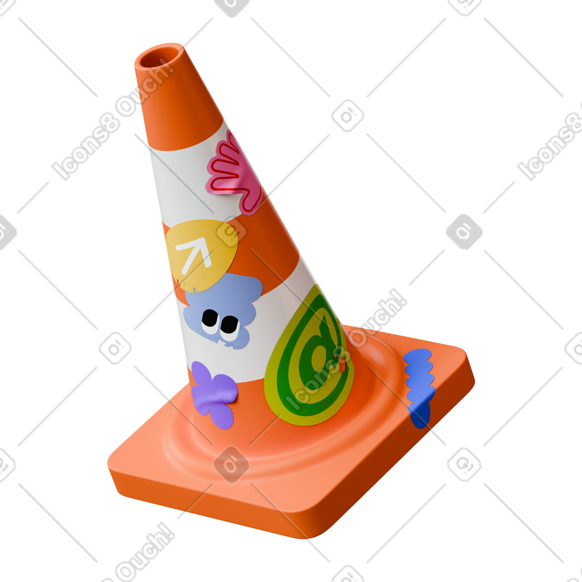 Ilustración animada Cono de seguridad vial con pegatinas colores en estilo 3D Stickle a descargar en GIF, Lottie (JSON), AE