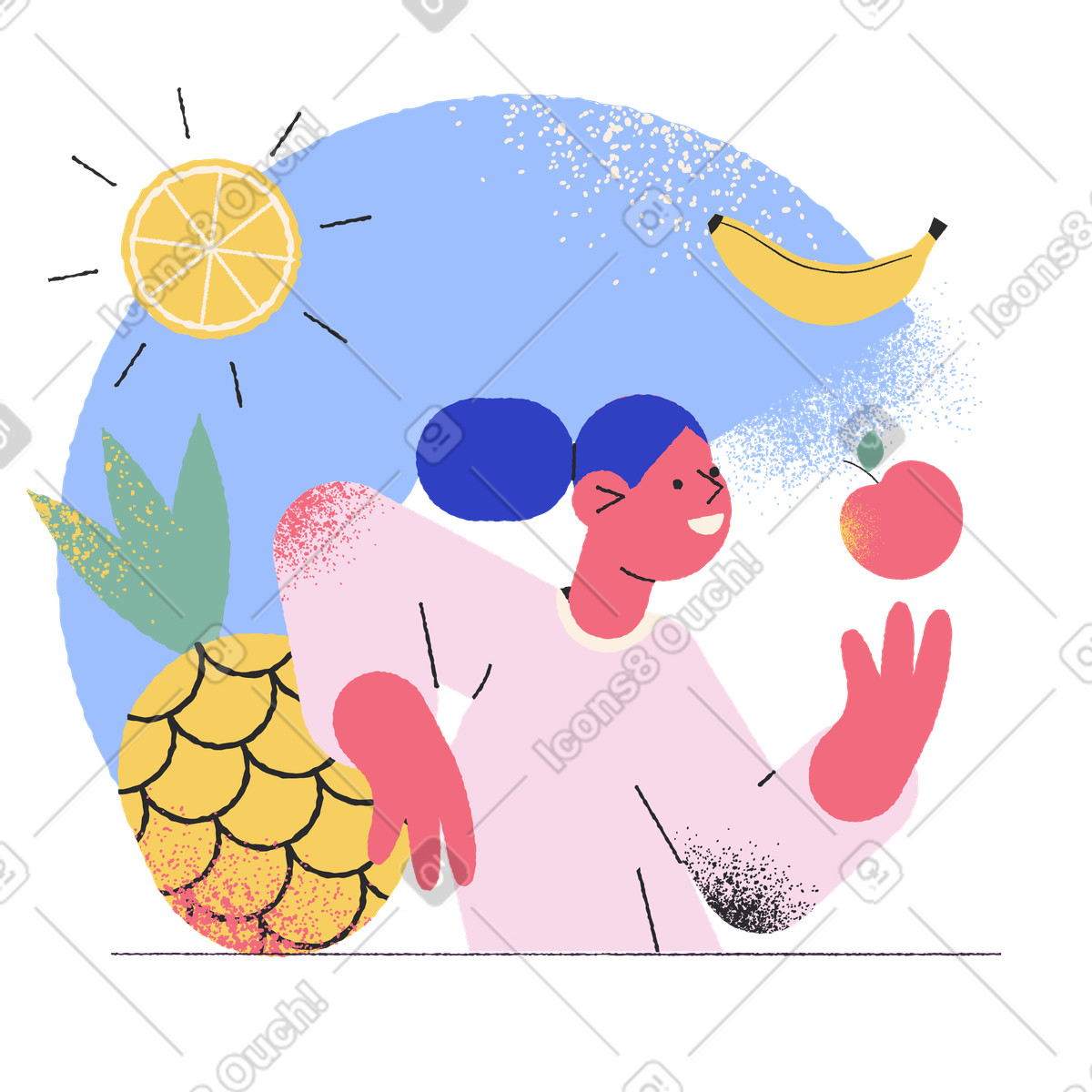 Ilustración Mujer disfrutando del verano con fruta fresca en estilo Pablo a descargar en PNG y SVG