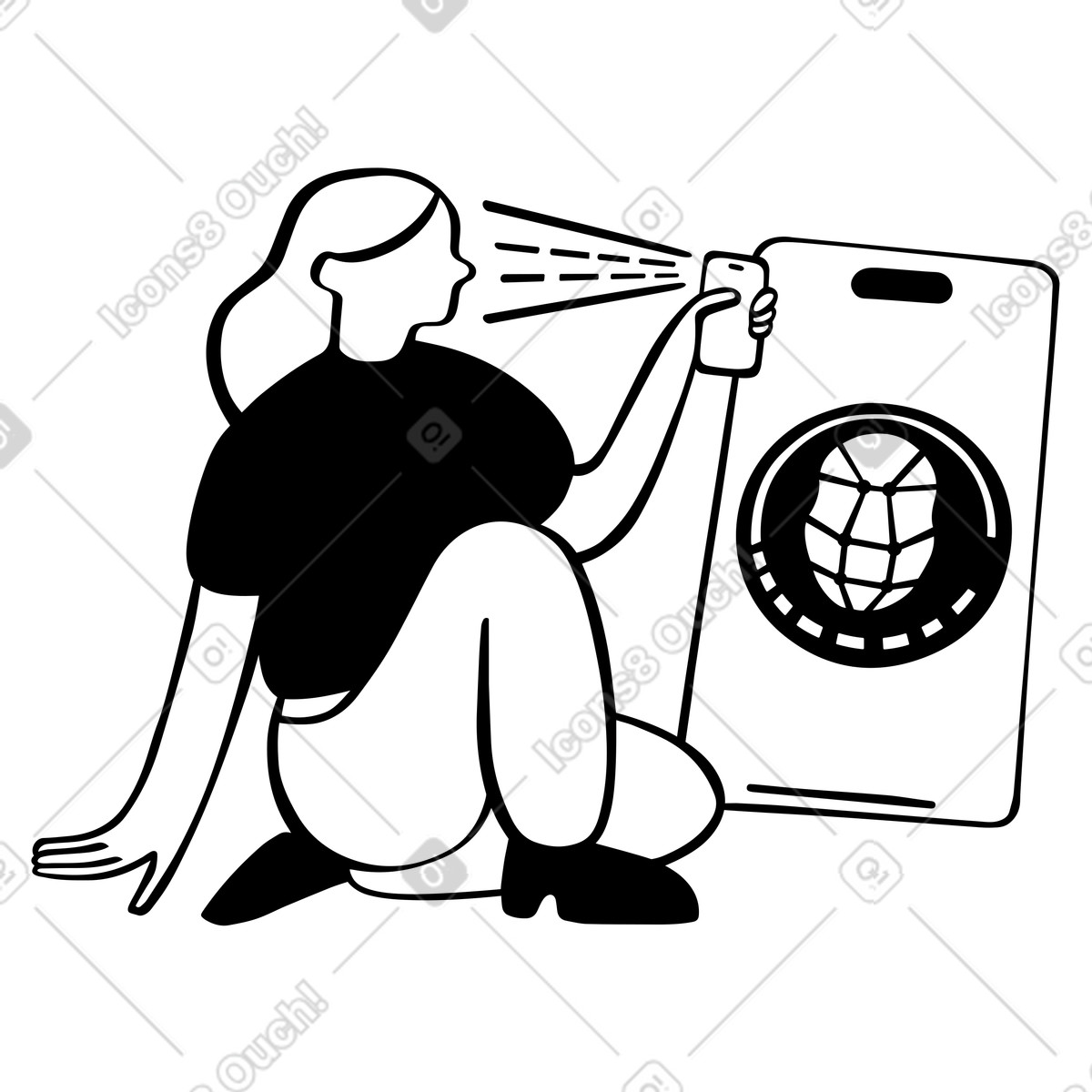 Donna che sblocca il telefono utilizzando riconoscimento facciale illustrazione in stile Journal scarica in PNG, SVG