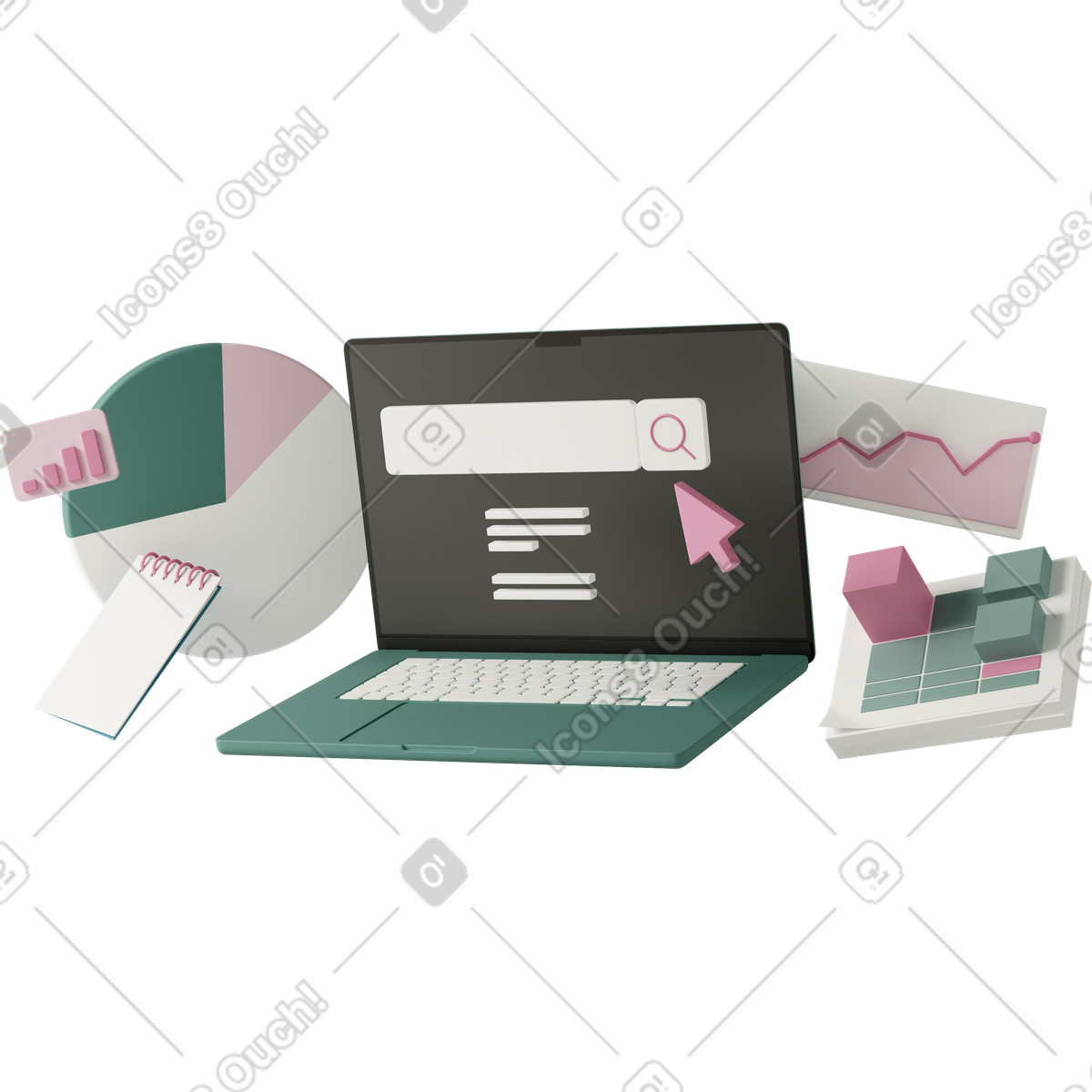 3D Casual life 스타일의 Laptop with charts and statistics 일러스트레이션 PNG, SVG 다운로드
