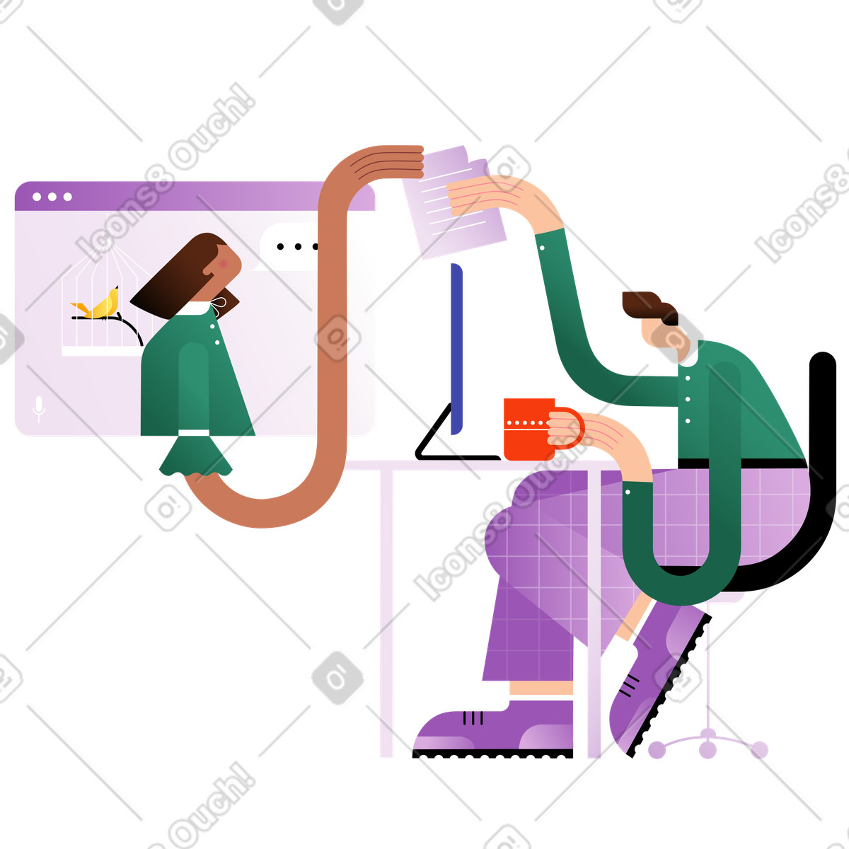 Illustration Colleagues exchanging document through screen, Online teamwork and file sharing dans le style Wavy à télécharger aux formats PNG, SVG
