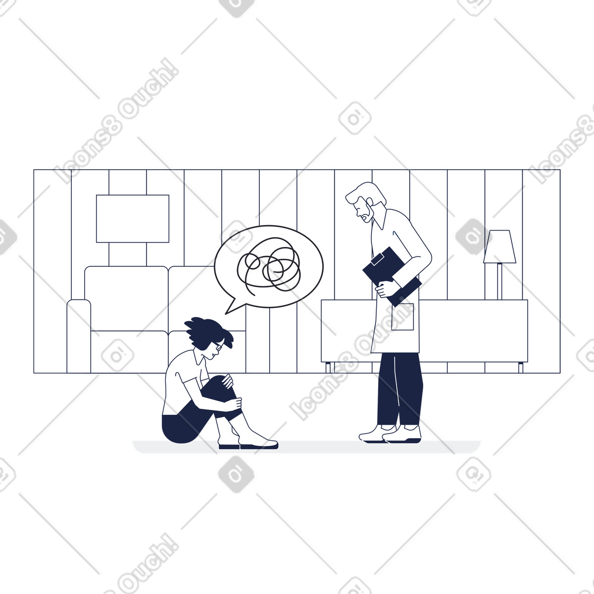 Person sitting on floor talking to therapist, Mental health support, Counseling or psychotherapy session illustration in Urban Line style download in PNG, SVG