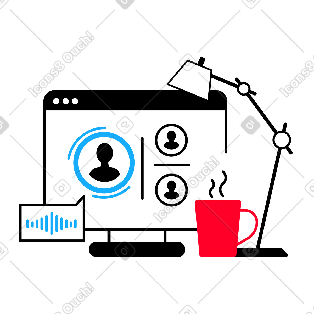 Ilustração animada de Reunião zoom na tela do computador em no estilo Transistor para baixar em GIF, Lottie (JSON), AE