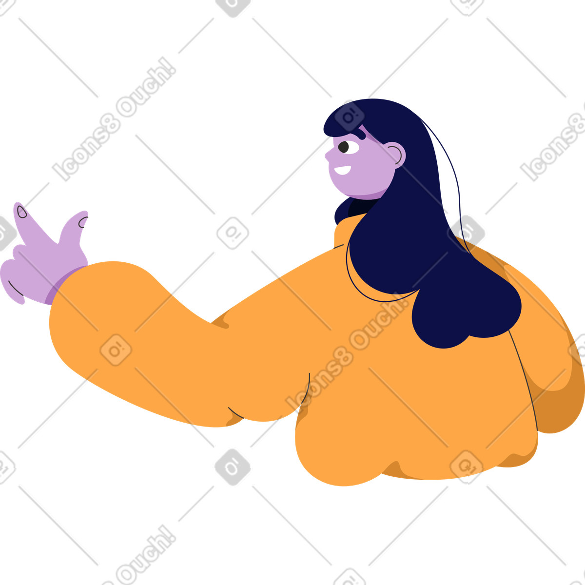 Ilustración Woman shows something with her hand en estilo Dizzy a descargar en PNG y SVG