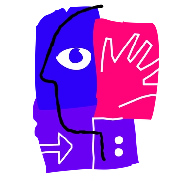A colorful abstract face with a hand - Puzzle style illustration