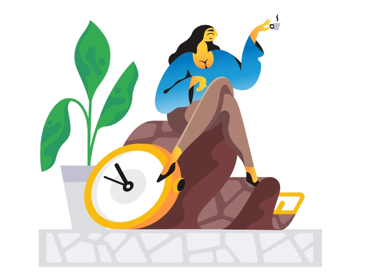 A woman sitting on a large clock - Jaconda style illustration