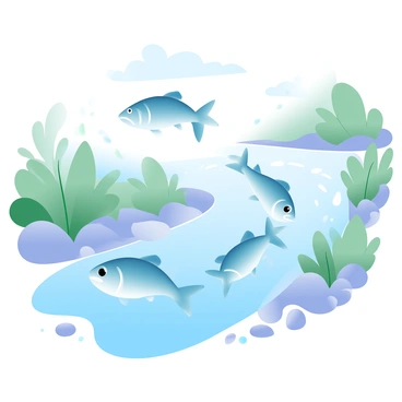 A group of fish is swimming upstream in a flowing river. The fish are various species, displaying vibrant shades of blue, green, and silver as they move against the current. The water is clear with subtle ripples, reflecting the gradient pastel colors of the surroundings. Lush green plants line the riverbanks, and small rocks are scattered along the riverbed, providing texture to the scene. Light filters through the water, illuminating the fish as they journey towards their destination.