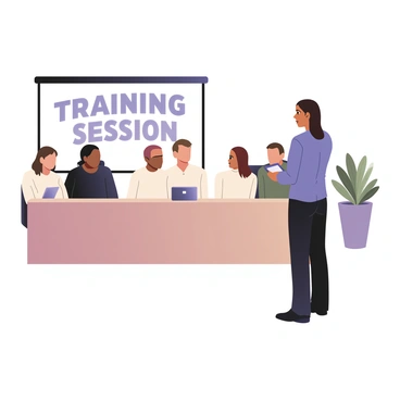 A digital flat illustration showing an instructor standing at the front of a room, engaging with a group of employees. The instructor is a woman with medium skin, wearing a blue blouse and black trousers, holding a tablet in her right hand. In front of her, there are five employees seated at a long table. They are focused on the instructor; one employee on the left has light skin and short brown hair, wearing a white shirt. Another employee has dark skin and shoulder-length hair, wearing a black sweater. The remaining three employees have varying skin tones and hairstyles, dressed in casual office attire. The room is equipped with a large screen displaying "Training Session" in bold letters, and there are plants in the background adding a touch of greenery.