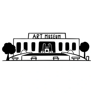 The exterior of a large art museum featuring a modern architectural design, characterized by sleek lines and geometric shapes. There is a large fountain in front of the museum, with water cascading down into a rectangular basin. Several benches are placed around the fountain, and the ground is paved with large flat stones. Lush greenery is visible in the surrounding area, with a few trees positioned near the museum’s entrance. The words "Art Museum" are prominently displayed above the entrance in bold, clear lettering.