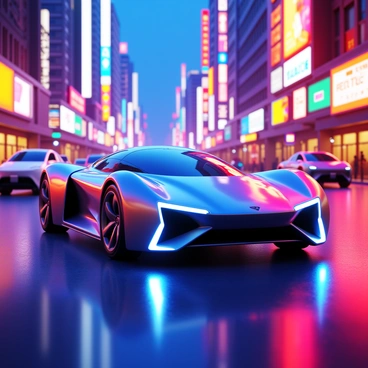 A sleek futuristic car with glowing lights driving through a neon-lit city