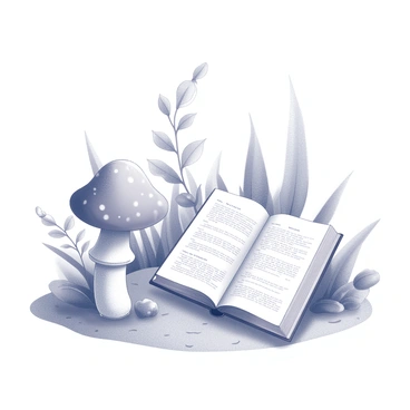 A single mushroom with a rounded cap and a sturdy stem is present on the ground. Next to it lies an open storybook, its pages gently fanned out, revealing text and illustrations. The garden setting features various plants and foliage, with soft textures and shapes surrounding the mushroom and the book, creating a harmonious composition. The ground is covered in light soil and soft grass, complementing the serene atmosphere of the scene.