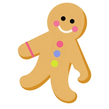 A gingerbread cookie with a detailed brown texture and icing decorations. The cookie has a playful bite missing from its right arm, revealing a slightly uneven edge. The left arm is raised in a cheerful manner, and the face features a big smile with candy eyes. Colorful icing lines decorate the cookie's body, adding vibrant accents to its design. The cookie is placed against a simple, flat surface to emphasize its playful appearance.