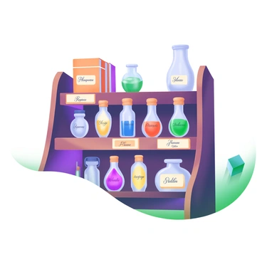 A vintage pharmacy shelf made of dark wood, showcasing a neat arrangement of glass ampoules filled with vibrant, colorful liquids. Each ampoule has a unique shape and color, including shades of blue, green, red, and yellow. The shelf is adorned with delicate labels on the ampoules, displaying their names in elegant script. In the background, there are antique books and small glass jars adding to the vintage atmosphere. The lighting creates a warm glow, highlighting the textures of the wood and the glimmer of the glass.