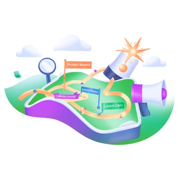 An illustrated map displaying a step-by-step plan for launching a new product to market. The map features various paths representing different stages of the launch process. Each stage is labeled with phrases such as "Market Research," "Product Design," "Marketing Strategy," and "Launch Day," all within colorful banners. Along the paths, there are icons like a magnifying glass for research, a pencil for design, a megaphone for marketing, and a confetti explosion for launch day. The background is a pastel landscape with rolling hills and clouds, enhancing the overall visual appeal of the map.