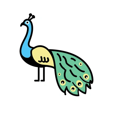 A majestic peacock with a long, elegant neck stands tall. Its feathers are fanned out, showcasing a rich array of vibrant colors, including deep blues, greens, and golds. The plumage features intricate patterns with flowing lines that create a sense of movement. The peacock's eyespots on its tail feathers are vividly detailed, drawing attention to their unique shapes. The bird is positioned against a simple background, allowing its striking colors and regal posture to be the focal point of the image.