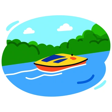 A solar-powered boat gliding smoothly down a river. The boat features a sleek design with solar panels affixed to its roof. Vibrant green trees and bushes line the riverbanks, creating a rich backdrop of lush greenery. The water glistens under the sunlight, reflecting the blue sky above. Small ripples trail behind the boat as it moves forward, enhancing the sense of motion through the serene landscape. 