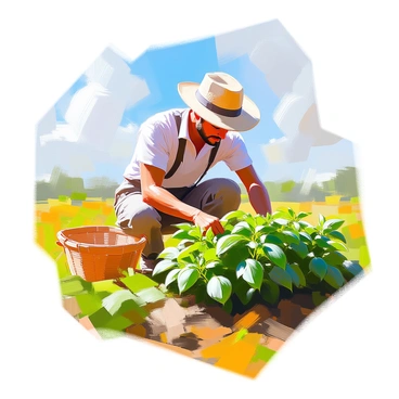 A farmer with tanned skin and a straw hat is bent over, carefully harvesting fresh basil in a lush green field. The basil plants are vibrant and full, with rich green leaves. The farmer is wearing a light-colored shirt and sturdy pants, with a woven basket beside him collecting the aromatic leaves. Above, a bright blue sky stretches out, dotted with a few fluffy white clouds, casting soft shadows over the field. The sunlight bathes the scene in warm light, highlighting the farmer's diligent work and the abundance of the basil.