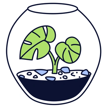 A glass terrarium with a spherical shape. Inside the terrarium, there is a miniature monstera plant with glossy green leaves, displaying its characteristic split leaves. The base of the terrarium is filled with small pebbles and a layer of rich, dark soil. There are a few tiny rocks scattered around the plant for decoration. The glass is clear, allowing full visibility of the plant inside.