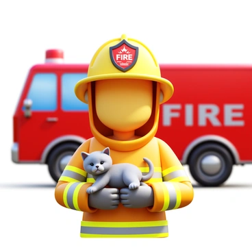 A firefighter in full gear holding a rescued kitten. The firefighter's uniform includes a helmet and reflective stripes. The kitten is small and fluffy with gray fur. In the background, there is a bright red fire truck with the word "FIRE" printed on the side. The scene is set outdoors, showcasing the fire truck's shiny exterior and emergency lights. The firefighter appears caring and proud as they hold the kitten close.