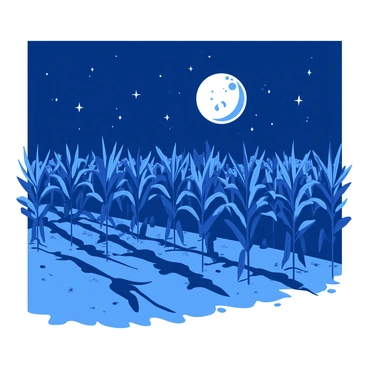 A blue cornfield stretches out under a dark sky filled with bright stars. A large full moon hangs in the sky, casting gentle light across the rows of tall corn plants. The corn leaves shimmer softly in the moonlight, creating a tranquil scene. Shadows dance on the ground between the corn stalks, enhancing the depth of the landscape. The moonlight illuminates the scene, highlighting the textures of the cornfield and the vastness of the night sky.