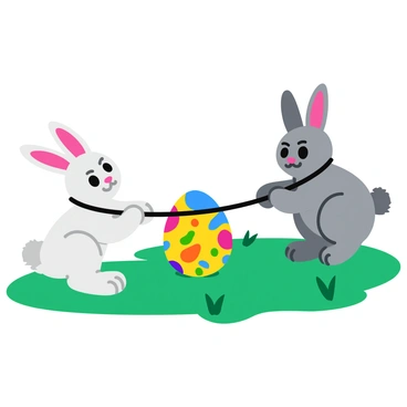 Two bunnies, one with white fur and the other with gray fur, are positioned on either end of a thick rope made of glossy black licorice. Each bunny is gripping the rope tightly with their paws, displaying determination in their expressive eyes. In the center of the scene, a large, colorful Easter egg, adorned with vibrant patterns and designs, is caught in the tug-of-war. The bunnies' ears are perked up, and their tails are fluffy, emphasizing their playful nature as they pull against each other. The background features a soft green grass carpet, adding a lively contrast to the scene.