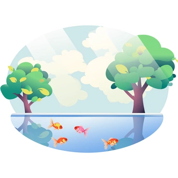 A tranquil reflection pool is situated in the center of the scene, with several vibrant koi fish swimming gracefully just beneath the water's surface. The pool reflects a mirrored sky filled with soft clouds, creating a symmetrical illusion above. Surrounding the pool are lush, green trees with a variety of leaves, their branches gently leaning over the water. Sunlight filters through the foliage, casting playful patterns of light and shadow on the ground and surface of the pool. The overall atmosphere is tranquil and harmonious, emphasizing the beauty of the natural elements in perfect balance.