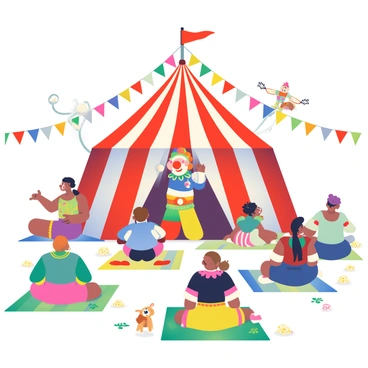 A group of children with diverse appearances and a mix of adults are seated on colorful picnic blankets under a large red and white striped circus tent. The children's eyes are wide with excitement, their faces illuminated by the bright lights from the stage. To the front, a clown with a big red nose and colorful attire is entertaining the audience with juggling balls. Nearby, a trapeze artist in a sparkling costume is flying gracefully through the air. A small dog in a tiny costume is performing tricks at the edge of the audience, causing laughter among the viewers. Brightly colored banners hang from the tent's rafters, adding to the festive atmosphere. The ground is covered in a mixture of grass and scattered popcorn, creating a whimsical environment.