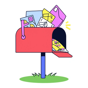 A mailbox with a classic design painted in bright red. The mailbox has a curved top and a flag raised up, indicating it is full. It overflows with a variety of colorful illustrated postcards and letters, some with bright floral designs and others with fun patterns. The postcards and letters spill out from the opening, creating a vibrant display of colors and illustrations. The mailbox stands on a simple post amidst a grassy area.