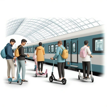 A busy train station with people folding their scooters as they prepare to board