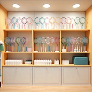 An inside view of a badminton store, featuring neatly arranged wooden shelves filled with a variety of badminton rackets. Each racket is distinct, showcasing different colors and designs, with some having vibrant grips and others displaying sleek, modern patterns. Several packets of shuttlecocks are prominently displayed beside the rackets, with white feathers neatly arranged in rows. The store has a polished wooden floor, and the ceiling is adorned with bright, focused lighting, illuminating the products. A few badminton accessories, such as wristbands and bags, are subtly placed on the shelves to complement the rackets and shuttlecocks.