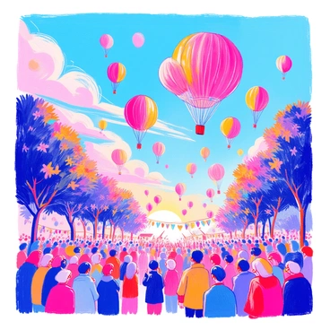 A sky filled with numerous "red balloons" floating during a festival. The balloons vary in size, with some clustered together while others drift apart. Below, a crowd of people dressed in colorful clothing celebrates, some pointing up at the balloons. Festive banners and streamers are hung between trees, adding to the vibrant atmosphere. The sun casts a warm glow over the scene, illuminating the balloons against the blue sky.