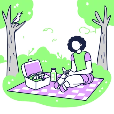 Tracy Beaker is sitting on a checkered blanket spread out on the grass in a lush park. She has curly hair tied back and is wearing a colorful t-shirt and shorts. In front of her, there is a picnic basket open, revealing several neatly wrapped sandwiches and a bottle of lemonade with glasses. Surrounding her are tall trees with leafy branches, and the grass is dotted with small wildflowers. A couple of birds are perched on a nearby branch, and a gentle breeze can be seen rustling the leaves.