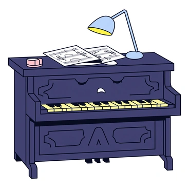 An old piano with a dark wooden finish, featuring intricate carvings on the body. The cover of the piano displays a cartoonish sad face with droopy eyes and a downturned mouth. The piano keys are slightly yellowed from age, and a few scattered sheet music pages are resting on top. In the background, there is a dimly lit room with a single light shining above the piano, casting soft shadows.