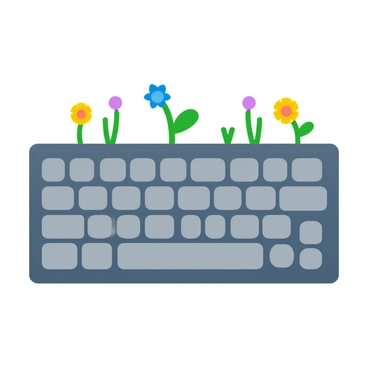 A computer keyboard with small green plants and colorful flowers growing between the keys.