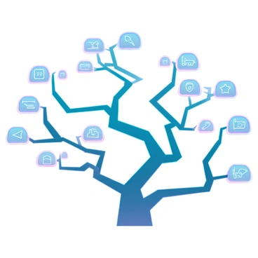 A branching skill tree with multiple paths and nodes, each node representing a different ability. The nodes are visually distinct, featuring various shapes and colors to indicate different types of skills. Some nodes have glowing edges, while others showcase intricate patterns or icons. The branches connecting the nodes are smooth and dynamic, creating a sense of flow and progression. The background is subtly gradient, enhancing the focus on the skill tree without overwhelming it. The entire structure is set in a digital format, emphasizing a futuristic theme.