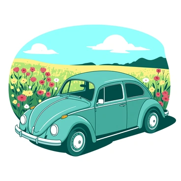 A teal VW Beetle is parked in the center of a vibrant field filled with blooming wildflowers of various colors. The wildflowers are swaying gently in the breeze, creating a lively atmosphere. In the backdrop, the sky is clear with a few fluffy white clouds. The sun casts a warm glow over the scene, highlighting the glossy exterior of the VW Beetle. The field stretches out in all directions, creating a sense of openness and tranquility.