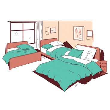 A cozy bedroom features three different sized beds arranged in a harmonious layout. The largest bed, a queen size, is adorned with a soft, fluffy white blanket, while the smaller beds, a twin and a full size, each have their own fluffy teal blankets. The walls are painted in a warm tone, and large windows allow natural light to flood the space, casting gentle shadows on the floor. A small bedside table with picture frames sits next to the larger bed, completing the inviting atmosphere of the room.