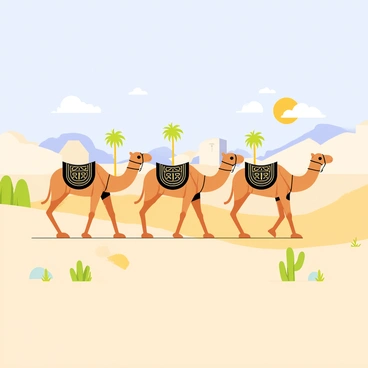 A caravan of three camels walking in single file across a sandy desert landscape. The camels have brown fur and wear decorative saddles with intricate patterns. In the background, the outskirts of Marrakech are visible, with low adobe buildings and palm trees. The sky is bright blue with a few fluffy clouds, and the sun casts long shadows on the sand dunes. A few scattered cacti and desert shrubs can be seen in the foreground.