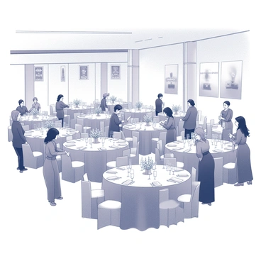 Women organizing a charity event banquet in a beautifully decorated hall