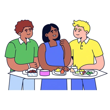 A group of three old classmates standing together at a school reunion. They are smiling as they make direct eye contact with each other. One classmate has curly brown hair and is wearing a green shirt. Another classmate has straight black hair and is dressed in a blue dress. The third classmate has short blonde hair and is in a yellow polo shirt. They are surrounded by a simple backdrop of tables with snacks and decorations in soft colors.