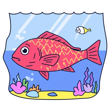 A legendary red snapper fish with shimmering scales is swimming gracefully through clear blue waters. The fish has large, expressive eyes and a strikingly vivid red hue that contrasts against the surrounding aquatic landscape. Colorful coral reefs and small schools of fish are visible in the background, adding vibrancy to the scene. Sunlight filters through the water, creating a dappled effect on the ocean floor, where small rocks and plants can be seen. The overall atmosphere hints at the mythical status of the snapper within local folklore.
